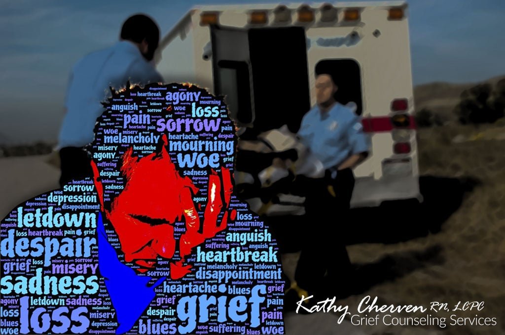 Emotional grief-themed image with paramedics and ambulance backdrop.