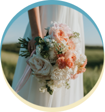 Bride holding pastel wedding bouquet outdoors.