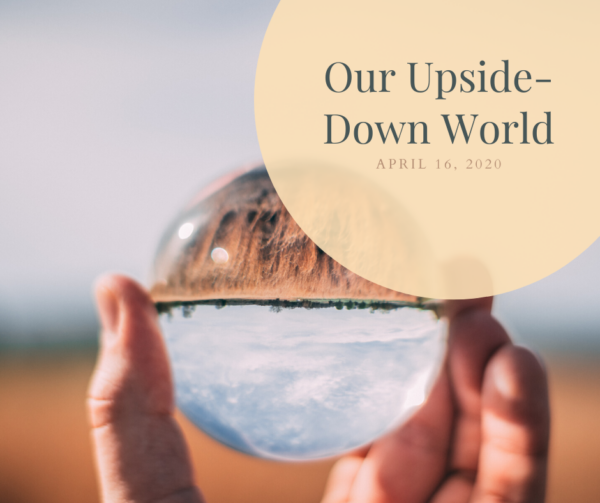 Glass orb inverts landscape, "Our Upside-Down World" text.